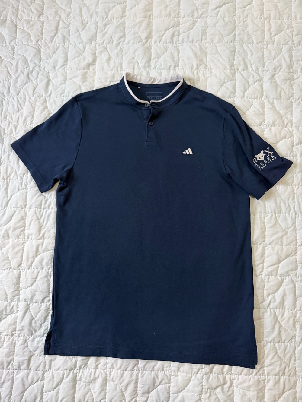 adidas Navy Golf Polo with White Trim and embroidered Fox Creek logo